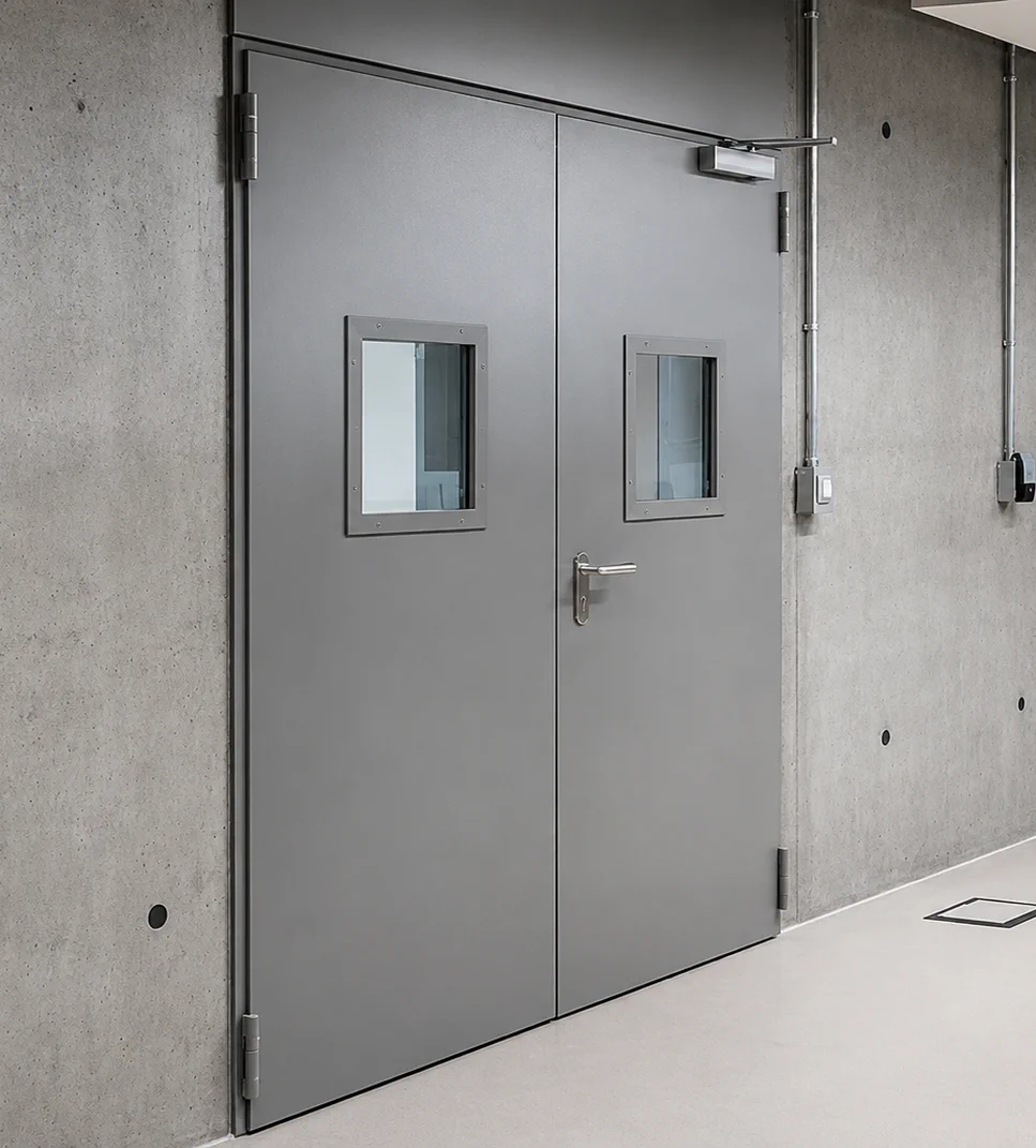 Dwuskrzydłowe drzwi przeciwpożarowe z przeszkleniami i samozamykaczem w korytarzu z betonu architektonicznego — EASY OPEN